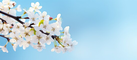 Delicate cherry blossom branch adorned with white flowers against a soft blue background creating a serene and tranquil atmosphere.