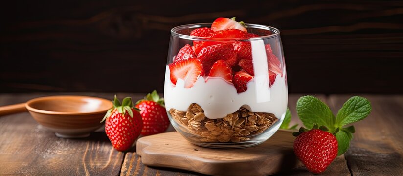 Fresh strawberry yogurt layered with granola in a glass bowl on a wooden table with whole strawberries and mint leaves alongside rich dark wood tones.