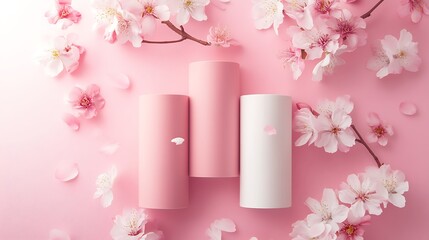 Pink Blossom Beauty Product Mockup: Elegant Cylindrical Containers Adorned with Delicate Cherry Blossoms on a Soft Pink Background