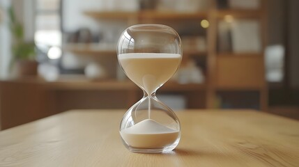 Glass Hourglass with Sand on Wooden Table Time Concept Minimalist Still Life