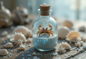 Adorable crab figurine in a glass bottle with seashells and glitter