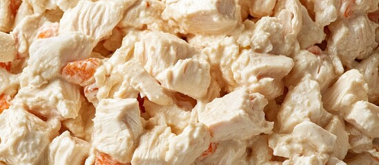 Chopped tender chicken pieces mixed with creamy dressing on a textured surface showcasing a rich pale color balanced with a hint of orange.