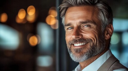 Fototapeta premium Man with a beard and gray hair is smiling and looking at the camera. He is wearing a white shirt and a jacket