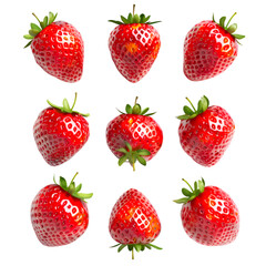 Nine juicy red strawberries arranged in a grid on black background