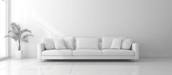Minimalist white living room with cozy sofa and large windows showcasing natural light against a plain white wall and potted palm plant.