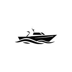 Black Monochrome Silhouette of a Speedboat Amidst Waves Against a White Background