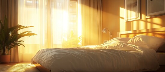 Cozy hotel room bathed in warm morning sunlight with a neatly made white bed, soft curtains, and a green plant in the corner creating a serene ambiance