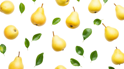 Yellow Pears With Green Leaves On Transparent Background, PNG