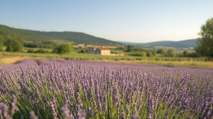 Obraz premium Lavender Field and Farmhouse under Sunny Sky