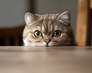 Curious cat peering over table