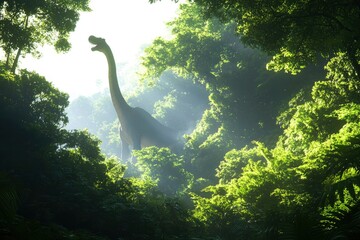 Brachiosaurus rising above forest, cinematic light, for education or museum display