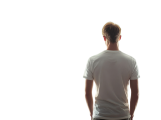 Man in White T-Shirt Standing with His Back Turned, Facing Away from the Camera,  Studio Shot