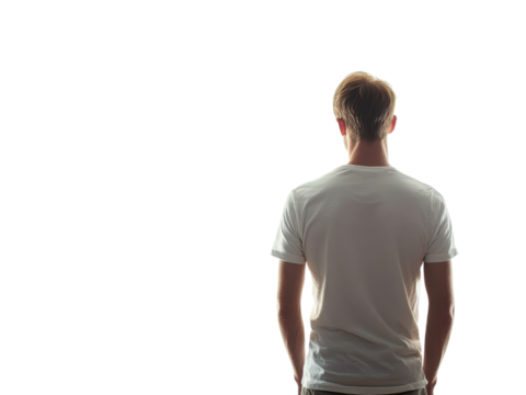 Man in White T-Shirt Standing with His Back Turned, Facing Away from the Camera,  Studio Shot