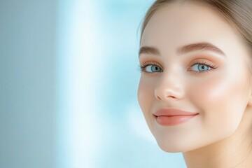 Fototapeta premium Young woman with blue eyes and glowing skin looking at camera. beauty