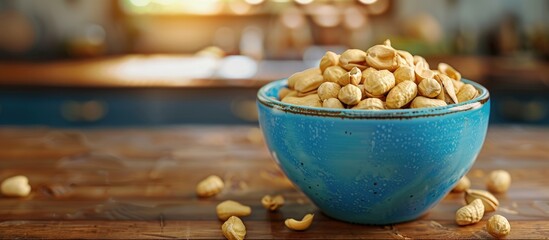 Close up view of a vibrant blue bowl filled with peanuts on a rustic wooden table with blurred background and ample copy space available