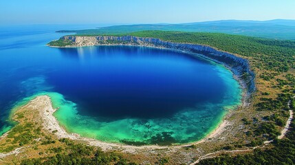 Fototapeta premium Aerial view of a vibrant, secluded bay with turquoise waters, surrounded by lush green hills and cliffs. Possible use travel brochure, tourism marketing
