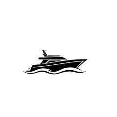 Black motor yacht silhouette on white background. Simple, bold, and minimalistic graphic representation.