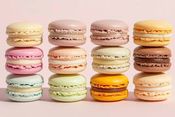 Obraz premium Stack of colorful macarons displayed on pink background, for dessert advertisement