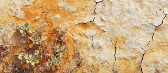 Dry desert landscape with cracked earth and sparse greenery in earthy tones of brown and yellow, focusing on texture and resilience of nature.