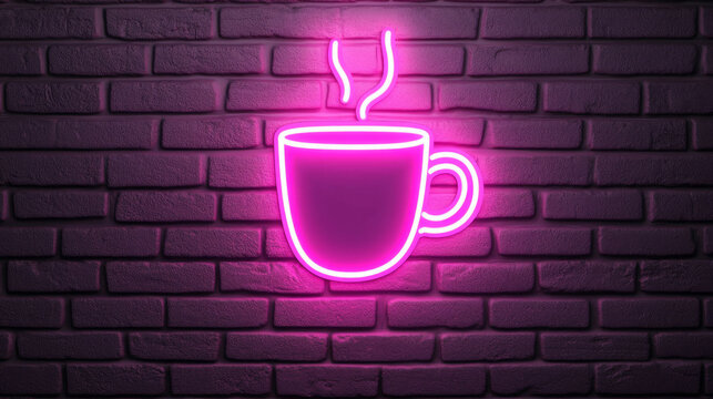 A bright neon sign of a steaming coffee cup lights up a rustic brick wall, creating a warm ambiance in a cozy cafe during the evening. The vibrant colors invite patrons to relax and enjoy