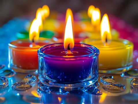 Colorful candles burning in glass holders; crystals in background - Powered by Adobe