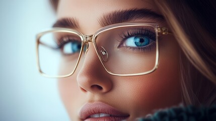Woman with long brown hair and blue eyes is wearing gold framed glasses. She has a warm and friendly expression on her face