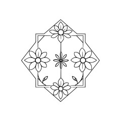 Geometric floral diagram with four daisies and center star flower.