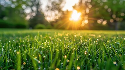 Dewy Grass Blades at Sunset