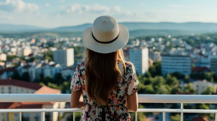 Fototapeta premium A woman stands on a balcony, wearing a straw hat and a floral dress, looking out over a vibrant cityscape. The setting sun casts a warm glow, enhancing the beauty of the skyline