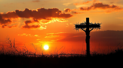 The Cross and Crown of Thorns Symbolizing the Sacrifice and Suffering of Jesus Christ Against a Beautiful Sunset Sky