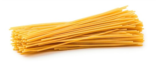 Yellow spaghetti pasta arranged neatly on a white background showcasing an organized bunch of long noodles ideal for culinary themes