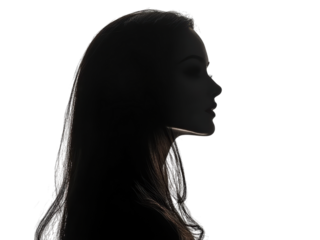 Silhouette of a Woman Profile, Dark Hair, Mysterious, Elegant Pose,  Studio Lighting, Dramatic Photography