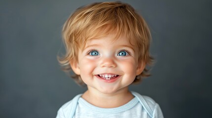 Naklejka premium Happy baby portrait against gray background. Possible use Stock photo
