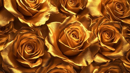 17.A decorative composition featuring golden roses arranged in a seamless pattern, their reflective textures creating a rich and opulent floral wallpaper design.