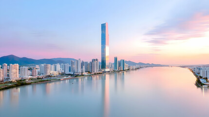 Naklejka premium Cityscape sunrise, river reflection, coastal mountains