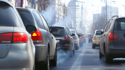 Vehicles are lined up on a bustling city street in the early morning. Exhaust fumes fill the air as drivers navigate through heavy traffic, highlighting urban commute challenges
