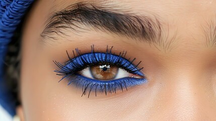 Obraz premium A striking look features bold electric blue mascara and matching eyeliner, highlighting a flawless complexion, perfect for a modern urban setting