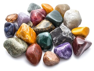 Colorful polished stones on white background