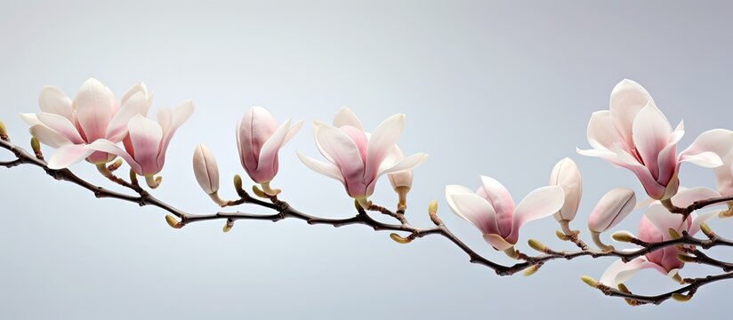 Delicate magnolia branch with soft pink flowers against a light gray background creating a serene spring atmosphere with gentle floral elegance.