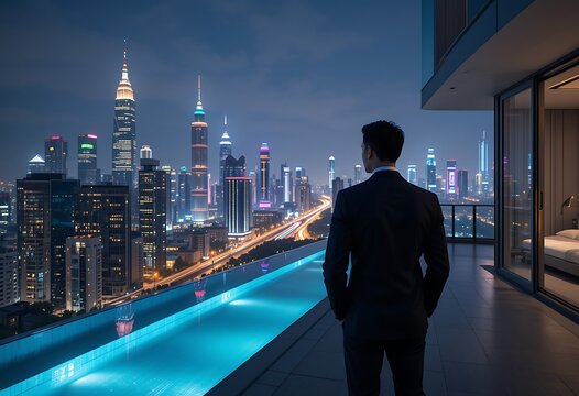 Businessman Contemplates City Skyline from Luxurious Rooftop Pool. Generative Ai
