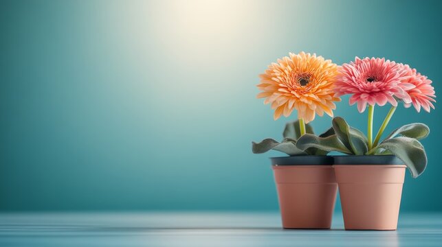 Two potted flowers sit on a table in front of a blue background. The flowers are orange and pink, and they are arranged in two different pots. Concept of warmth and happiness - Powered by Adobe