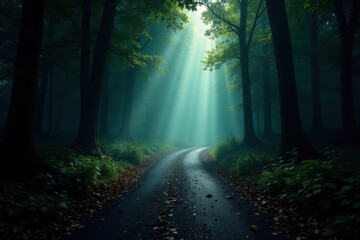 Fototapeta premium Empty blacktop ribbon unwinds into misty, shadowy forest depths , eerie, empty