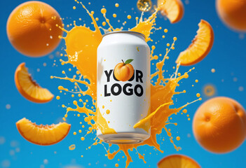 A white beverage can labeled "YOUR LOGO" with tropical juice and fruit splashes against a deep blue sky background.