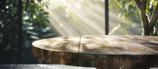 Sunlit round oak table with rich wood texture illuminated by soft rays of light surrounded by greenery perfect for product overlays and copy space