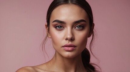 Naklejka premium Stunning Woman with Natural Makeup and Soft Pink Background