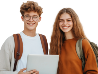 two smiling students with backpacks and laptop.