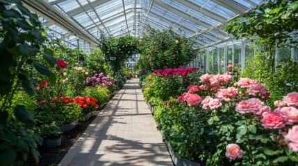 46.A lush greenhouse scene showcasing thriving rose plants, with a close-up focus on a cluster of blooms, their vibrant colors standing out against the greenery.