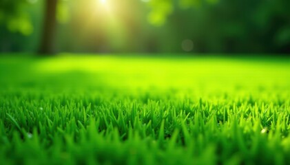 Realistic artificial grass field, bright green plastic blades Outdoor setting with dappled sunlight , eco-friendly, exterior, bright green