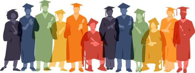 Group of graduated students, wearing academic gowns and graduation caps, holding diplomas.