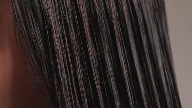 Wet long hair is combed with a comb with the application of care product, mask or conditioner, serum, cream close-up